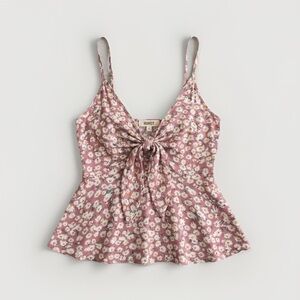 HUHOT Floral Tie-Front Peplum Cami, Size Small, Mauve/Pink